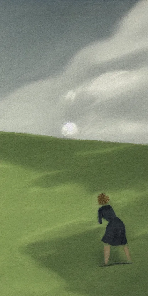 Prompt: side profile of woman in shadow overlooking a green hillside, white chalk outline in the distance, sun shining and clouds in the sky sketch quality or painting