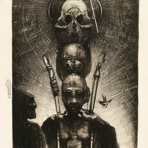 Prompt: sirenhead presides over protesting marikana mine workers in downtown johannesburg. grimdark etching by beksinski and hieronymus bosch. white on black on brown