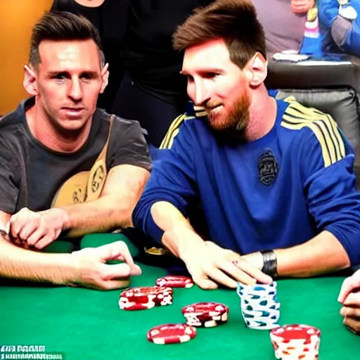 Prompt: messi playing poker with a real life bart simpson