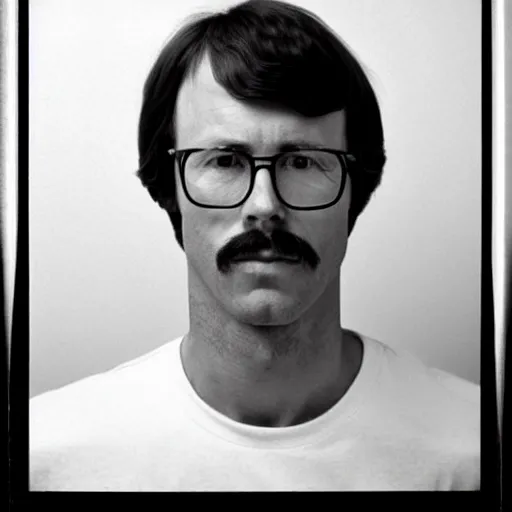 Image similar to Mugshot Portrait of Kip Dynamite, taken in the 1970s, photo taken on a 1970s polaroid camera, grainy, real life, hyperrealistic, ultra realistic, realistic, highly detailed, epic, HD quality, 8k resolution, body and headshot, film still, front facing, front view, headshot and bodyshot, detailed face, very detailed face