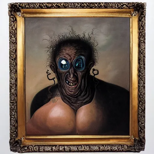 Image similar to oil painting with black background by christian rex van minnen robert williams todd schorr of a portrait of an extremely bizarre disturbing mutated man with acne intense chiaroscuro lighting perfect composition masterpiece