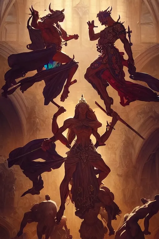 Image similar to epic battle between human warriors mages and demons, cathedrals and abbeys, fullbody!! dynamic action pose, religious, intricate, elegant, highly detailed, digital painting, artstation, concept art, smooth, sharp focus, illustration, art by artgerm and greg rutkowski and alphonse mucha