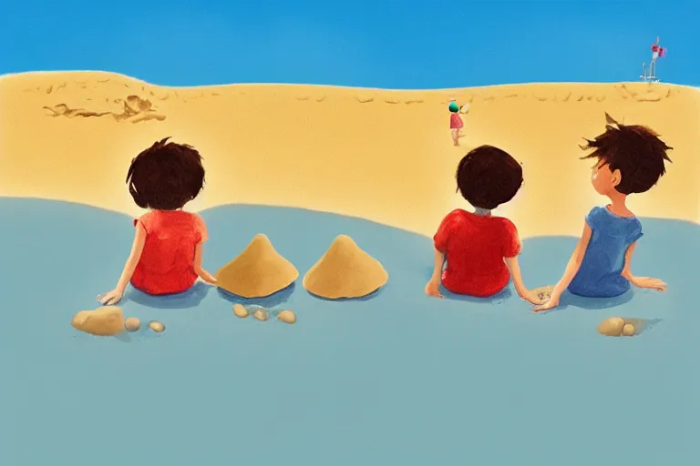 Prompt: Two happy children sitting on the beach making sandcastles, blue sky, HD, illustration by Benji Davies