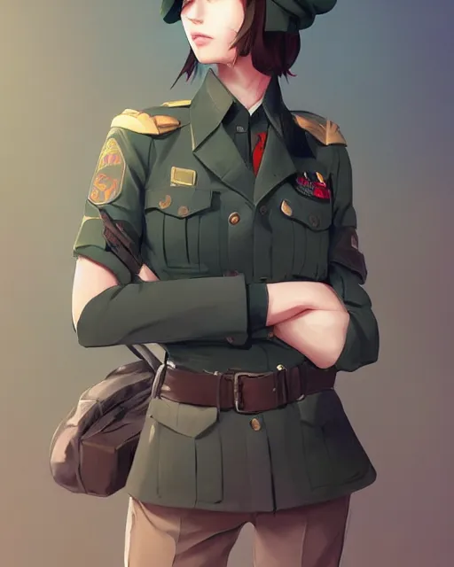 Image similar to young woman with shoulder length light brown hair and hazel eyes dressed in a sharp dark teal military uniform and beret, anime, ilya kuvshinov, greg rutkowski, guweiz, ross tran, loish, svetlana tigai, artgerm, artstation trending, concept art, digital painting