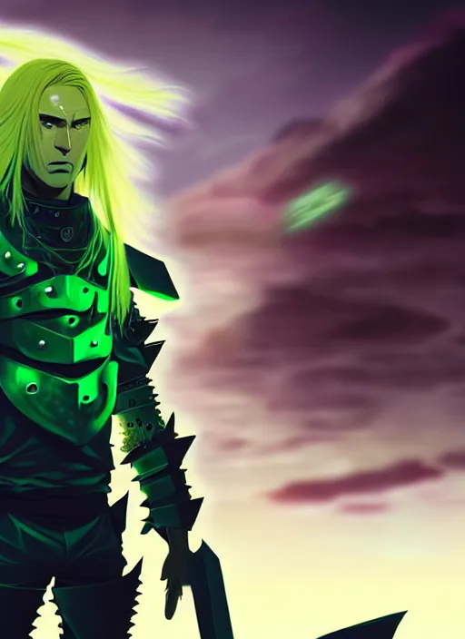 Prompt: a striking cinematic full body manga portrait of a male warrior with long blonde hair and blue eyes wearing evil green spiked cyberpunk armour and standing in the desolate burning ruins of a futuristic city by hirohiko araki and beeple, fine details, digital art, character concept art, volumetric lighting, cinematic light, photorealistic