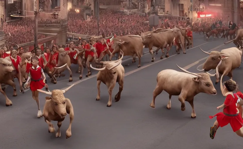 Prompt: greta thunberg running in san fermines chased by bulls, highly detailed, cinematic, 8 k resolution, beautiful detailed, octane render, unreal engine