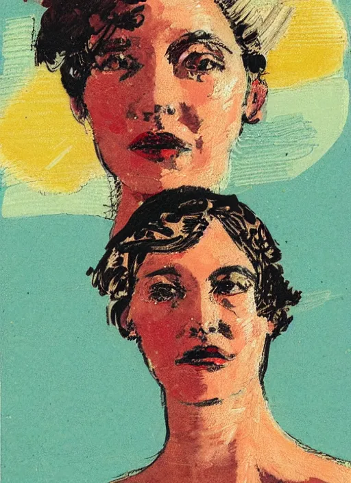 Prompt: an extreme close - up portrait of a lady in a scenic representation of mother nature and the meaning of life by billy childish, thick visible brush strokes, figure painting by anthony cudahy and by rae klein and by beal gifford, vintage postcard illustration, minimalist cover art by mitchell hooks