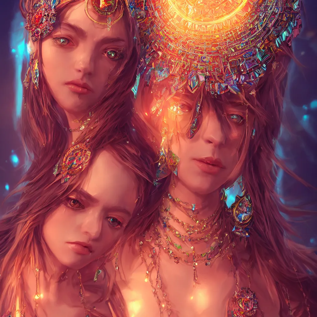 Image similar to portrait highly detailed beautiful symmetrical face high priestess intricate elegant detailed crystal jewellery with tribal feathers, lush colourful volumetric lighting, anime digital painting, concept art, smooth, sharp focus 3 d, divine realm of gods, realistic cinematic style, octane render, photographic, unreal engine 8 k