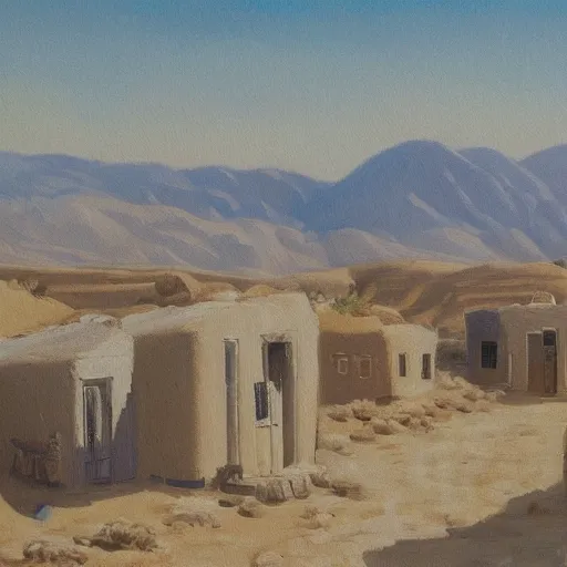 Image similar to a beautiful painting of a village in the desert, white houses, two suns