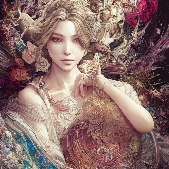 Prompt: the portrait of the lawful good alignment personified as an absurdly beautiful, graceful, elegant, sophisticated, young woman, an ultrafine hyperdetailed illustration by kim jung gi, irakli nadar, intricate linework, bright colors, octopath traveler, final fantasy, unreal engine 5 highly rendered, global illumination, radiant light, detailed and intricate environment