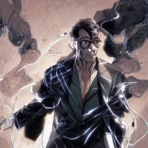 Prompt: a beautiful comic panel artwork of a young male scientist with black hair and glasses and a white shirt by Jerome Opeña, featured on artstation