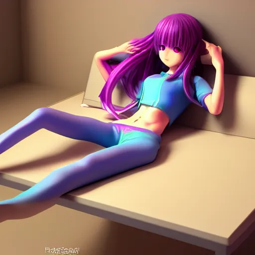Image similar to advanced 3 d render digital anime art!!, gamer girl in bedroom sleeping on desk!!, rainbow eyes, rainbow hair, iterations = 5 0 0 0, trending on pixiv, artstation, deviantart, sakimimichan, artgerm