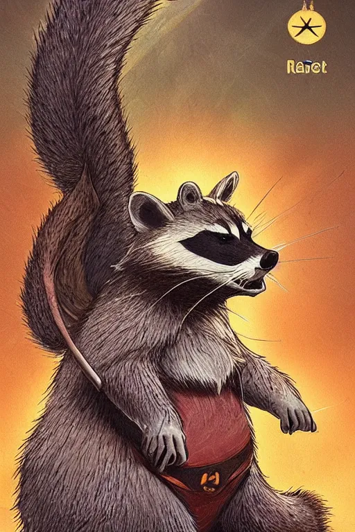 Prompt: Rider-Waite tarot card: The Fat!!!! Raccoon, artstation, concept art, 4k