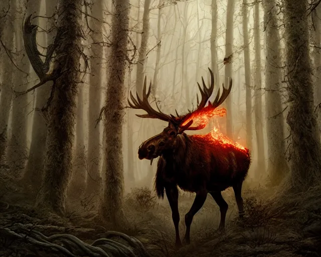 Image similar to 5 5 mm portrait photo of an armored demonic burning moose with red eyes antlers and looking at the camera, in a magical forest. magical atmosphere. art by greg rutkowski and luis royo. highly detailed 8 k. intricate. lifelike. soft light. nikon d 8 5 0.