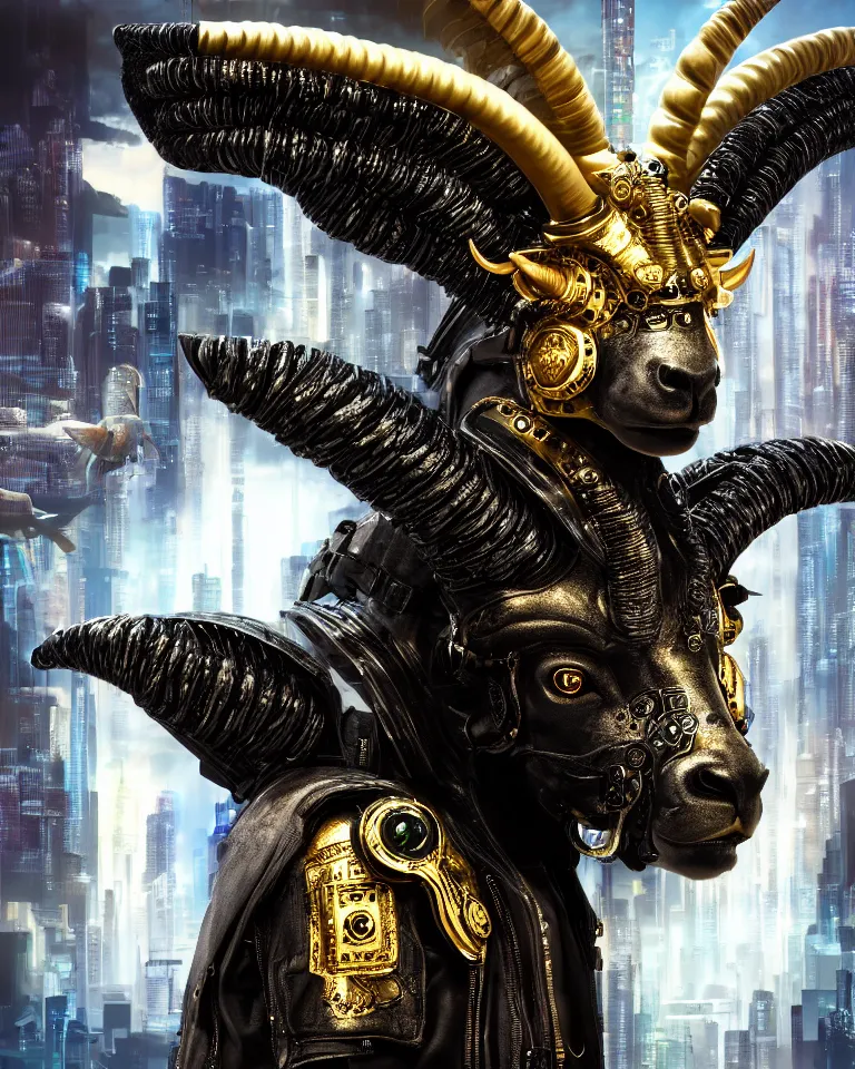 Image similar to cyberpunk Black ram with golden horns portrait, detailed face and eyes, city background, by Anne Stokes, 8K DoP