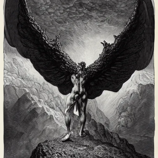 Prompt: a massive winged demon standing on top of a volcano on all fours, highly detailed, high contrast, in the style of Gustave Dore