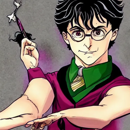 Image similar to Harry Potter as a Jotaro Kujo in JoJo\'s bizarre adventure, epic composition