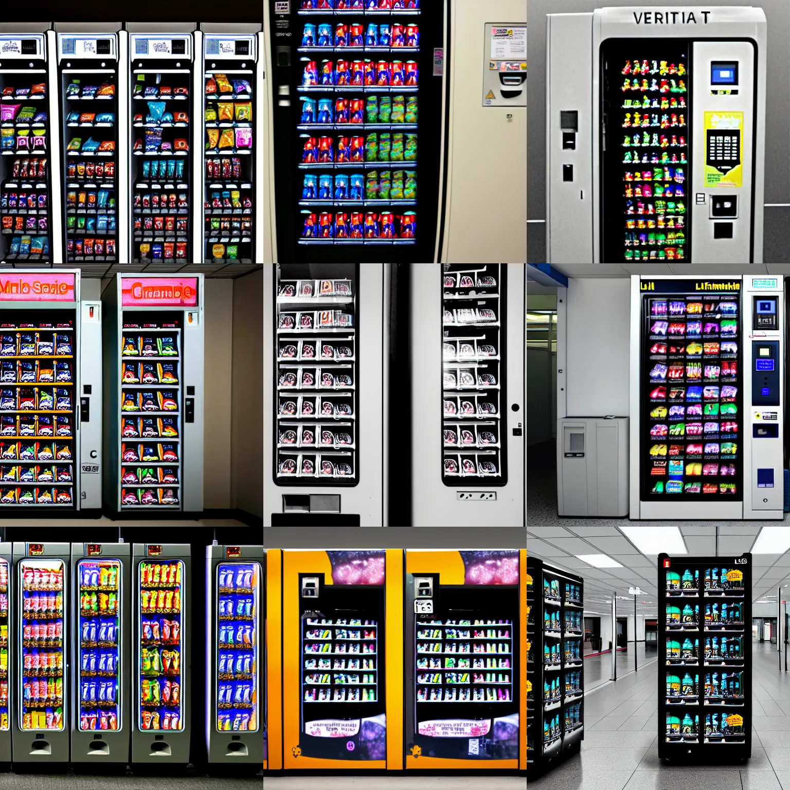 Prompt: liminal space, multiple vending machine, eerie, claustrophobic