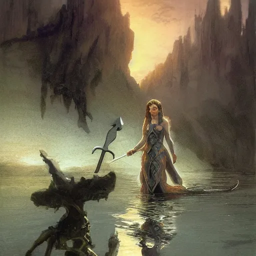 Image similar to a fantasy illustration of a hand holding a sword emerging from a lake, lady of the lake, by james gurney, craig mullins and frank frazetta
