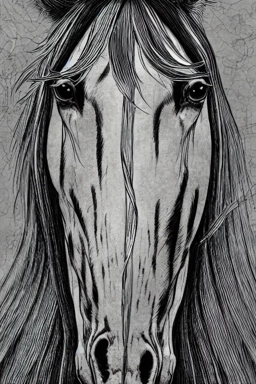 Prompt: horse in a field, symmetrical, highly detailed, digital art, sharp focus, trending on art station, kentaro miura manga art style