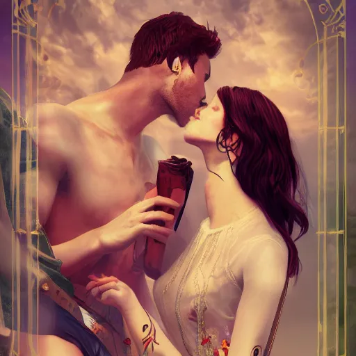 Image similar to the lover tarot card, a female and a male character looking in each others eyes, digital illustration, detailed, 8 k, artstation, detailed and intricate, 8 k resolution, hyperrealistic, octane render, cinematic, no hands,