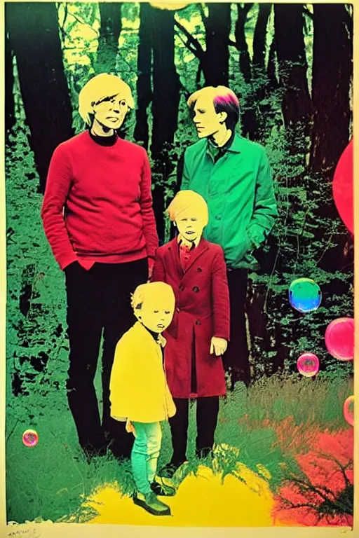 Image similar to ( ( ( ( ( a family in the forest garden with soap bubbles, pop art ) ) ) ) ) by andy warhol and bill sienkiewicz!!!!!!!!!!!!!!!!!!!!!!!!!!!!!!