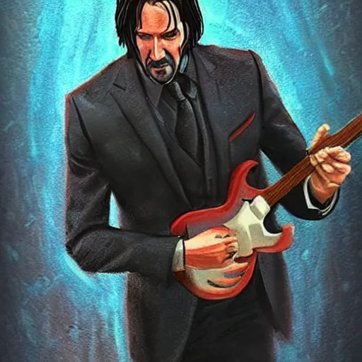 Image similar to john wick playing a guitar!!!, in the rain!!!, photorealistic!!!, realistic, dramatic, cinematic!!!, photography