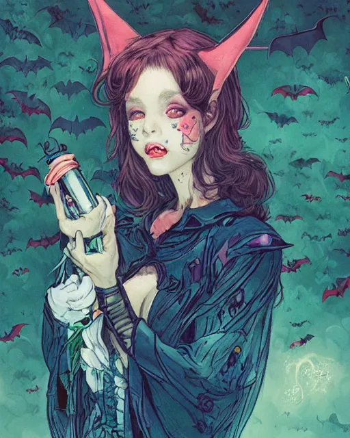 Prompt: a girl in a cute bat costume at a halloween party, full shot, focused, ambient lighting, detailed, art by ayami kojima, makoto shinkai, kilian eng