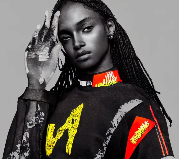 Image similar to black marble statue of a beautiful woman with colorful motocross logos in the style of virgil abloh, very very beautiful, detailed, off white, heron preston, 8 k, 4 k, detailed, beautiful, symmetrical, vogue, editorial, fashion, magazine, model