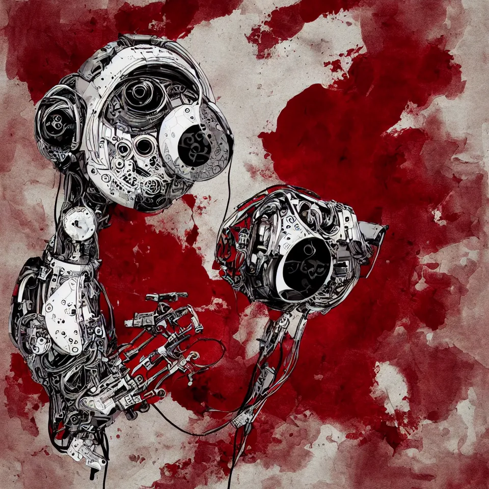 Prompt: beautiful artistic album cover highly detailed robotic bird, with head phones, digital painting, digital art, beautiful, cinematic, 4 k, ultra hd, art by frank miller, dynamic lighting, gradient dark red, cream and white color scheme, grunge aesthetic