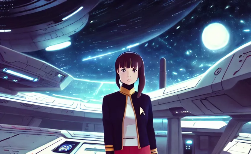 Prompt: portrait of star trek cute commander girl together ship crew, interior bridge of enterprise as background, black space landscape, illustration concept art anime key visual trending pixiv fanbox by wlop and greg rutkowski and makoto shinkai and studio ghibli and kyoto animation, the next generation style, federation clothing, retro vintage screens, analogic flight controls