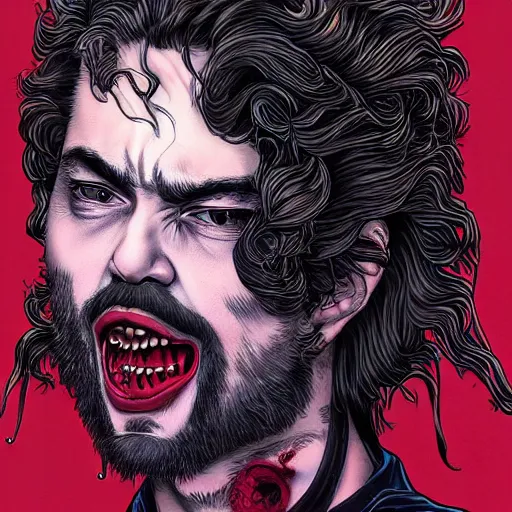 Image similar to portrait of crazy singing post malone with red eyes like hal 9 0 0 0, as vampire, symmetrical, by yoichi hatakenaka, masamune shirow, josan gonzales and dan mumford, ayami kojima, takato yamamoto, barclay shaw, karol bak, yukito kishiro