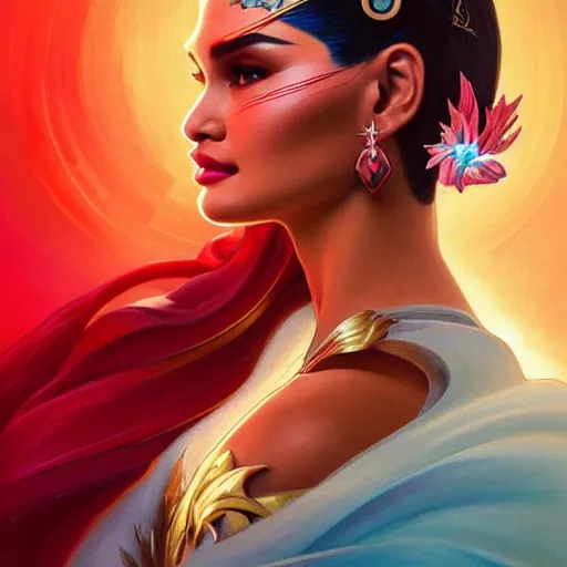 Image similar to pia wurtzbach as darna, volumetric lights, red and cyan theme, art nouveau botanicals, intricate, highly detailed, digital painting, artstation, concept art, smooth, sharp focus, cinematic, illustration, beautiful face, art by artgerm and greg rutkowski and alphonse mucha