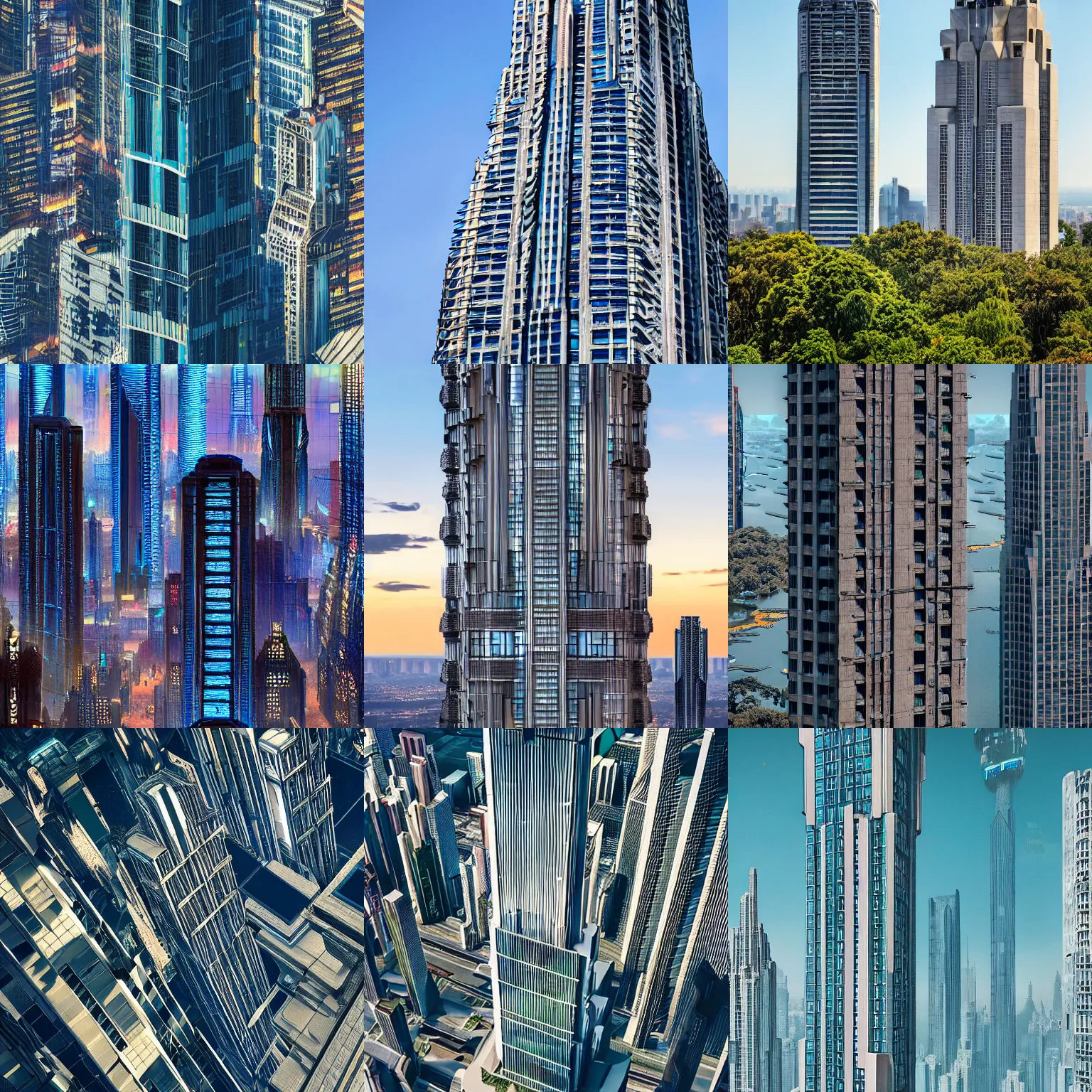 Prompt: detailed photo of a giant cyberpunk Art Deco skyscraper roof, towering high above the city with gardens and lakes