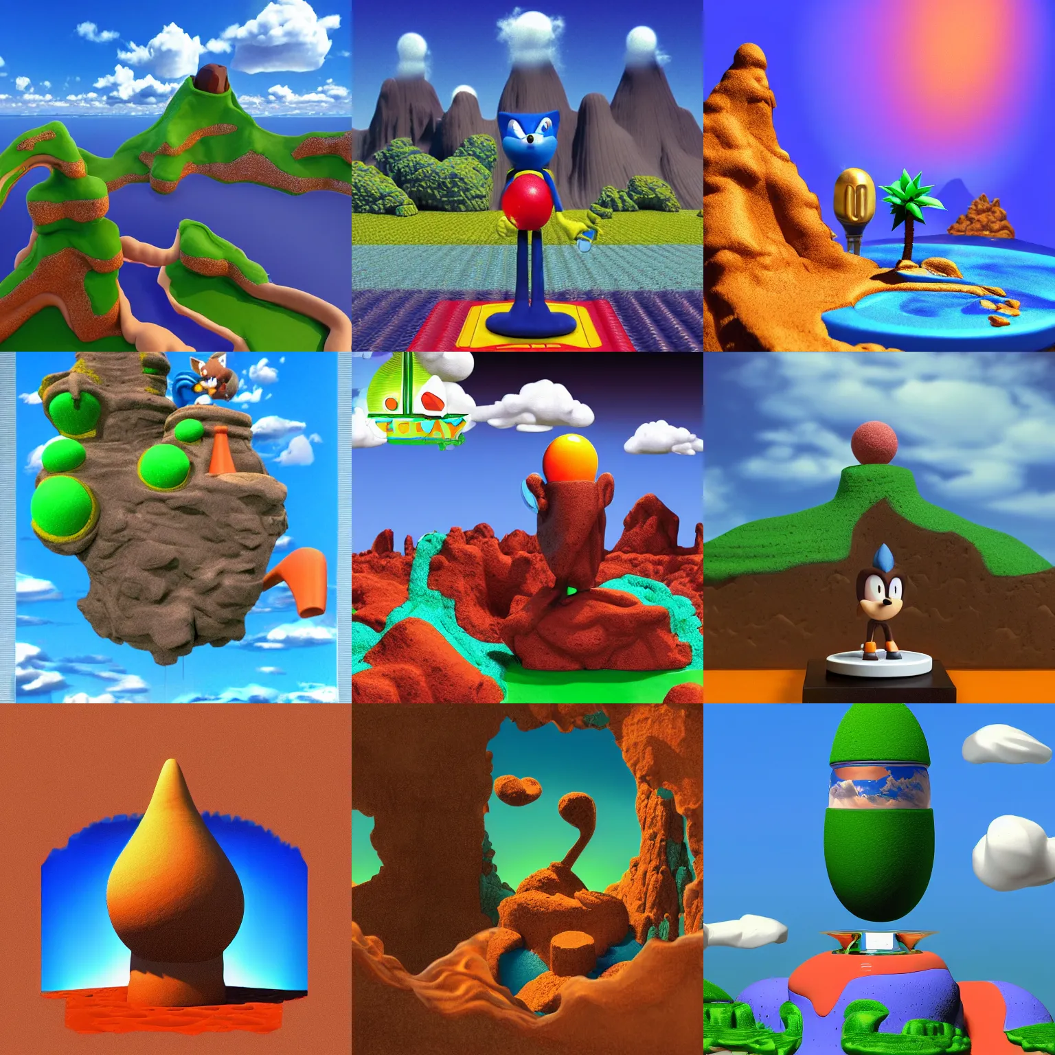Prompt: clay sonic the hedgehog giant clay portrait sonic the hedgehog towering above the landscape, sega sonic stop motion claymation polaroid and surreal, liquid metal lava lamp prerendered 1 9 9 0 s 1 9 9 6 raytraced terragen phong shading checkerboard