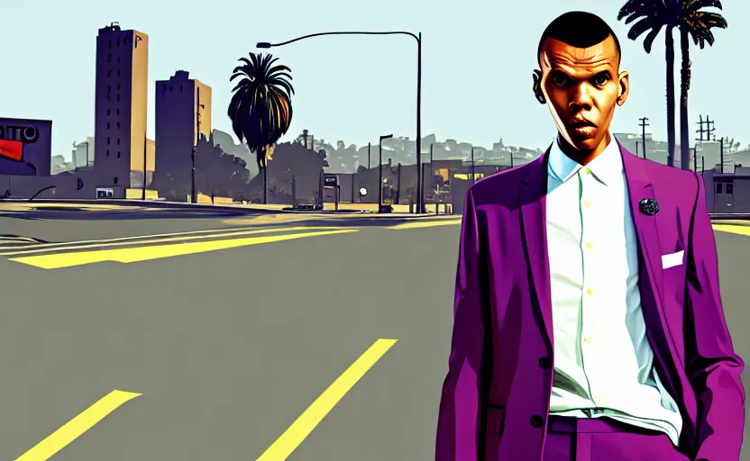 Prompt: Stromae in GTA V loading screen by Stephen Bliss, outline, centered, covert art, GTA