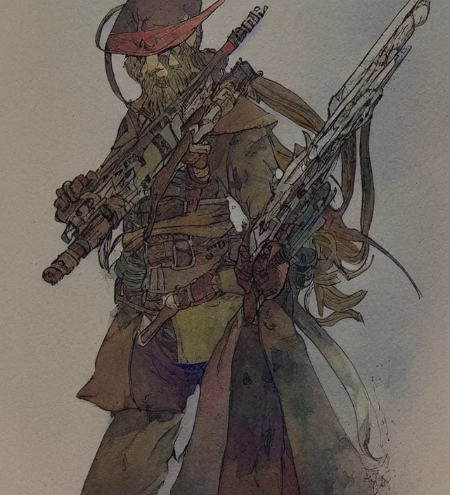 Image similar to a watercolor ink painting of an elven sniper in the style of jean giraud in the style of moebius trending on artstation deviantart pinterest detailed realistic hd 8 k high resolution