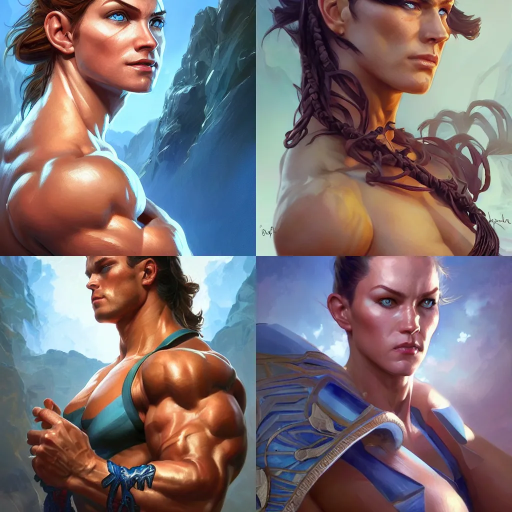 Prompt: portrait of muscular amazonian, blue eyes, highly detailed, digital painting, artstation, concept art, smooth, sharp focus, illustration, art by artgerm and greg rutkowski and alphonse mucha and andrei riabovitchev