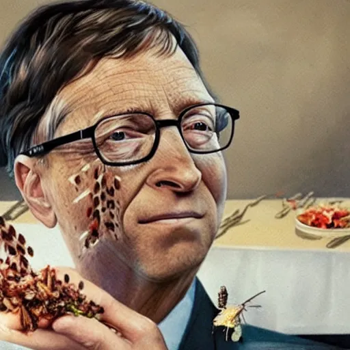 Image similar to a ultra realistic oilpainting of Bill Gates eating worms and bugs, moody, Bill Gates sits at a table with a plate full of insects, 8k, horrible nasty,