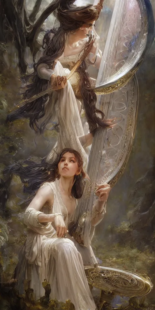 Prompt: beautiful fragile elf bard in robes, playing on a harp, masterpiece , cinematic, powerful, dramatic light, highly, intricate elements, detailed, digital painting, artstation, concept art, sharp focus, illustration, dynamic by Edgar Maxence and Ross Tran and Michael Whelan art by Livia Prima, Mitch Foust, Frank frazetta