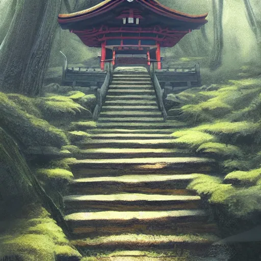 Image similar to concept art by sylvain sarrailh of a haunted japan temple, a short stone path stairs, asiatic forest