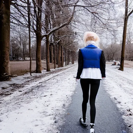 Prompt: 19-year-old Aristocratic platinum-blonde-haired hime-cut blue-eyed French empress wearing white leggings and black jacket, walking down sidewalk, winter trees, dead trees, mill, abandoned mill, drones, HD photograph