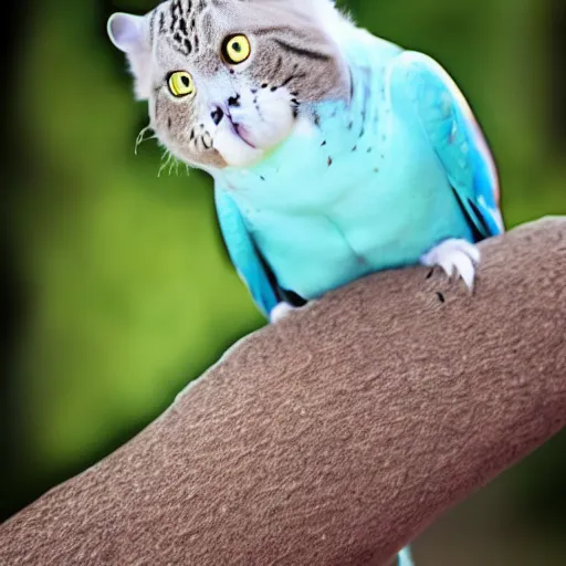 Prompt: a budgerigar - cat - hybrid, animal photography