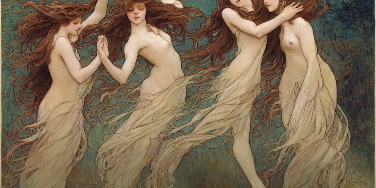 Image similar to two girl dancing ,flowing hair ,mucha