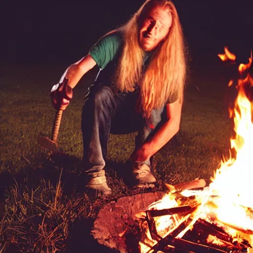 Image similar to photo of hillbilly with long blonde hair around a bonfire, symmetric face