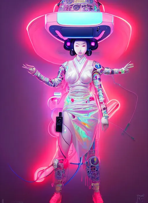 Prompt: wide angle portrait shot of female japanese android wearing a vr headgear and in an elaborate kimono dress, hologram hovering around her, intricate detail, cyber neon lighting, highly detailed, artstation, glamor pose, concept art, art by peter mohrbacher and artgerm and james jean, pinterest, artstation,