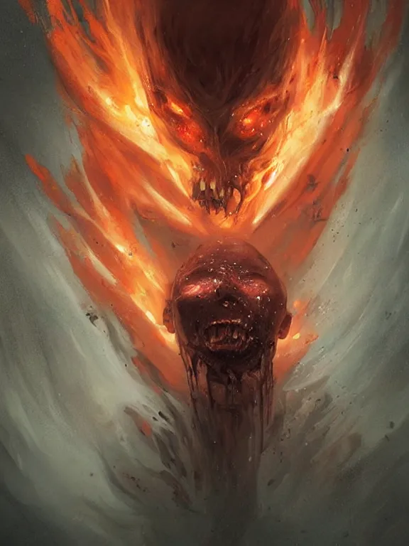 Image similar to painting by greg rutkowski of a flying sorrowful looking human head with tears running down it's eyes, face that is chalk white in color, with long sprawling white tentacles stemming down it's neck, fiery scorching red eyes, flying in a terrying hellish dark cavernous place