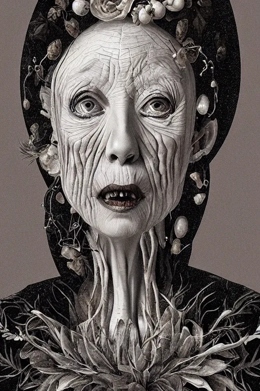 Image similar to Detailed maximalist portrait of a beautiful old woman with large lips and eyes, scared expression, botanical skeletal with extra flesh, HD mixed media, 3D collage, highly detailed and intricate, surreal illustration in the style of Caravaggio, dark art, baroque, centred in image