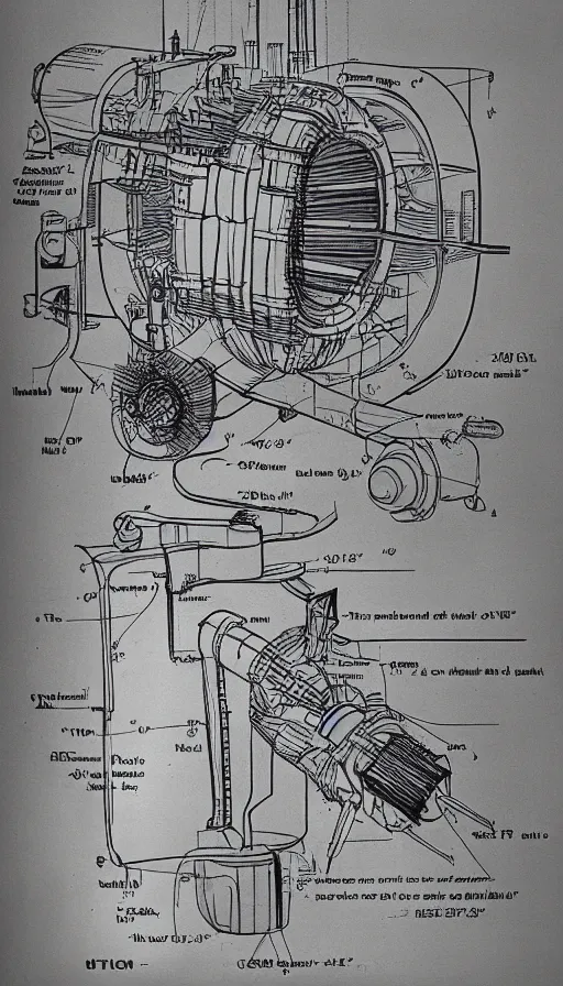 Prompt: technical drawings of 1 9 4 0's nuclear powered spaceship engine