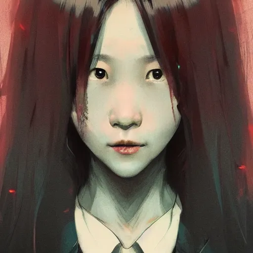 Image similar to full body portrait of a korean schoolgirl with long hair and bangs, her arms are mutating into thin red tedrils, dramatic lighting, illustration by Greg rutkowski, yoji shinkawa, 4k, digital art, sci-fi horror concept art, trending on artstation